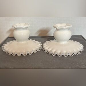 Vintage Pair Fenton Candle Holders White Milk Glass Silver Crest